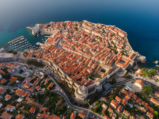 Aerial establishing shot of old town of Dubrovnik, Dalmatia, Croatia. Medieval city fortress on the coast of Adriatic sea. Drone view. Travel destination - 762563307