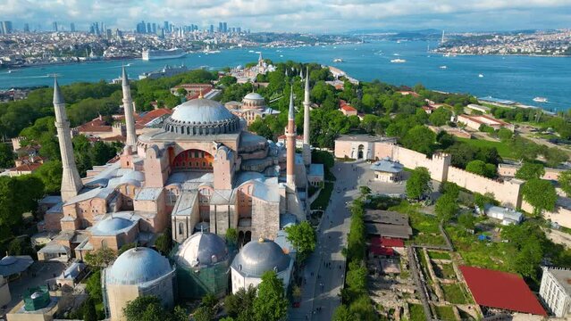 Hagia Sophia, Topkapi Palace with Golden Horn aerial view from Bosporus Strait in Sultanahmet district in historic city of Istanbul, Turkey. Historic of Istanbul is a UNESCO World Heritage Site. 