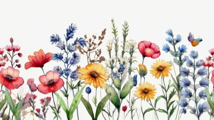wildflowers painted in watercolor, floral background, summer meadow - obrazy, fototapety, plakaty