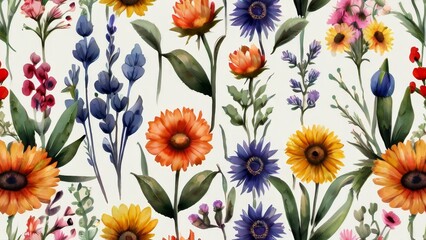 wildflowers painted in watercolor, flower background, summer floral meadow - obrazy, fototapety, plakaty