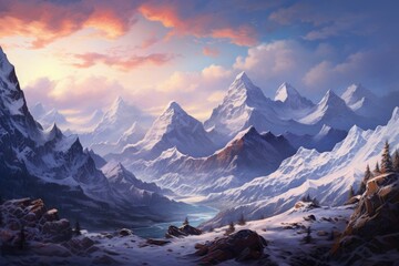 Serene Snowy mountain view. Glacial wintertime alpine picturesque natural beauty. Generate ai