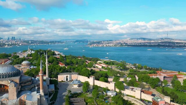 Historic Istanbul aerial view including Topkapi Palace, Bosphorus Strait, Uskudar in Asia and Sea of Marmara, Istanbul, Turkey. Historic Areas of Istanbul is a UNESCO World Heritage Site. 