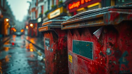 Rainy City Street Scene with Wet Red Mailboxes and Blurred Lights
