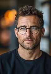 Intense Portrait of a Confident Man with Glasses in a Natural Indoor Setting