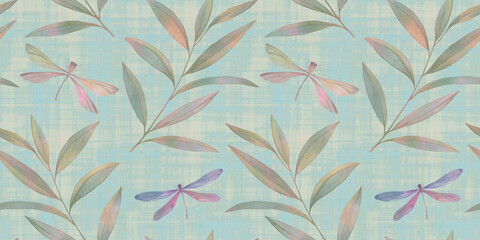 abstract background for design of wallpaper, print and packaging, endless ornament of butterflies and dragonflies and leaves, seamless botanical pattern drawn in watercolors by hand.