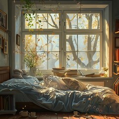 Spring morning inside cosy or cozy room and window high quality ai generated image
