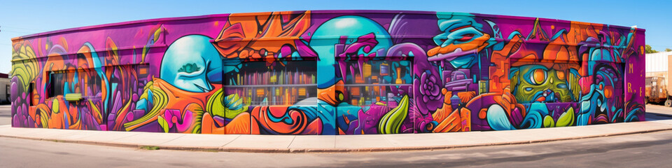 Experience the urban landscape transformed by the bold colors and psychedelic designs of a street art mural.