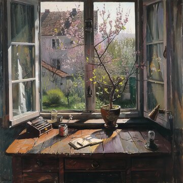 Spring morning in the village desk in front of window high quality ai generated image