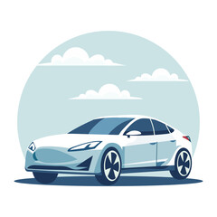 Fototapeta na wymiar Modern electric car against the background of the sky with clouds. Green technology. Illustration, vector