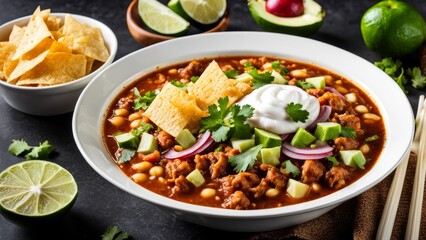 The traditional Mexican dish pozole, which is a thick soup with corn and meat