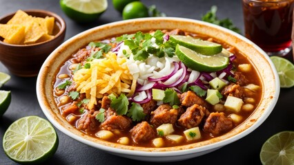 The traditional Mexican dish pozole, which is a thick soup with corn and meat