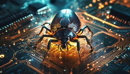 A digital of a glowing cyber bug centered on an electronic circuit board representing a security breach concept