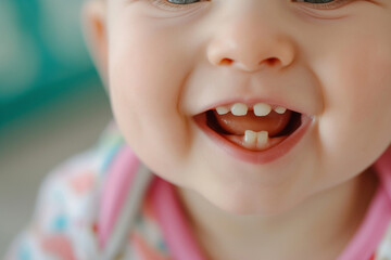 Close-up of a laughing baby showing new teeth