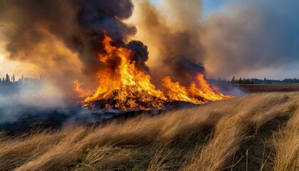 A wildfire is aggressively consuming a field filled with dry grass. The flames are intense and spreading rapidly, fueled by the wind