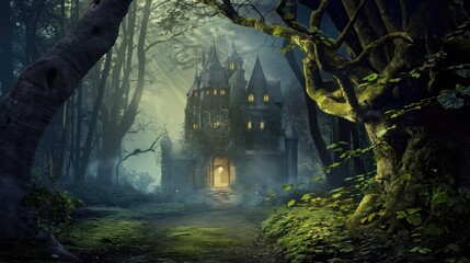 fairytale castle in a gloomy fairytale forest
