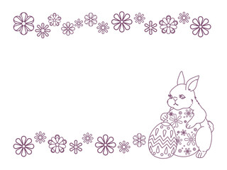 並んだ花模様とイースターエッグを抱えるかわいいウサギの線画フレーム