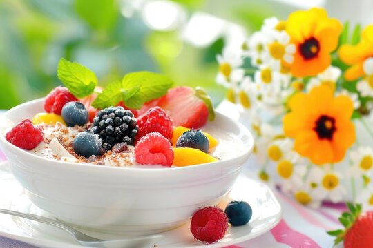 delicious and healthy breakfast of soft yogurt with berries