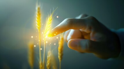 Finger touching a yellow glowing wheat icon created with Generative AI