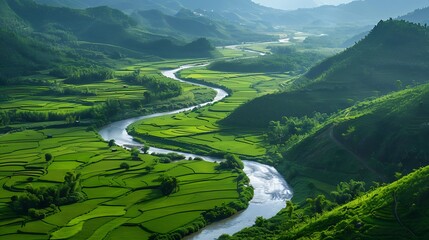 A winding river meanders through lush green valleys, reflecting the beauty of the surrounding landscape. 
