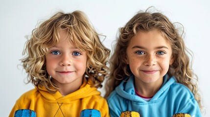 Cheerful Siblings with Curly Hair in Colorful Hoodies Against White Background