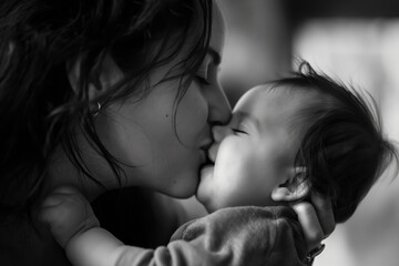 Loving and tender monochrome close-up of a smiling mother gently embracing her joyful baby in a sweet and affectionate kiss, showcasing the emotional connection