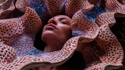 Artistic Portrait of a Woman Embraced by an Organic Coral-Like Textile Sculpture
