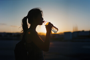 silhouette d'une femme de profil avec une queue de cheval en train de boire à une bouteille d'eau à contre jour au soleil couchant