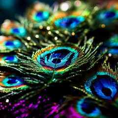 Beautiful, iridescent background of peacock feathers, colorful background.