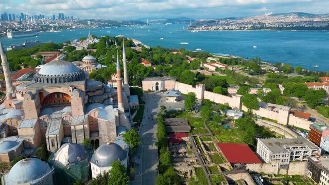 Hagia Sophia, Topkapi Palace with Golden Horn aerial view from Bosporus Strait in Sultanahmet district in historic city of Istanbul, Turkey. Historic of Istanbul is a UNESCO World Heritage Site. 