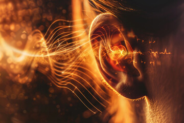 Close-up of a human ear with sound waves radiating soft-focus background.