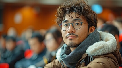 Thoughtful Young Man with Glasses in a Winter Jacket Attentively Listening in a Lecture Hall