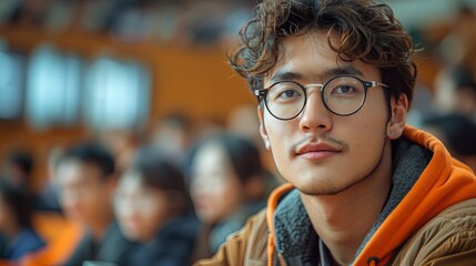 Confident University Student with Glasses and Orange Hooded Jacket in a Busy Classroom - obrazy, fototapety, plakaty