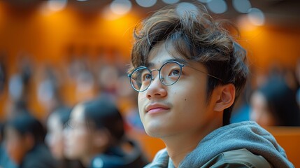 Inspired College Student in Glasses Daydreaming in a Lecture Hall with Orange Seats