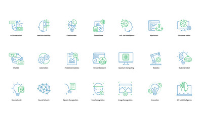 Vector Artificial Intelligence icon set for web and mobile apps. Smart conversation, Machine learning, deep learning, technology icons.