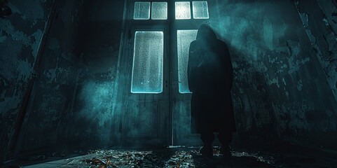 Mysterious Figure in Hooded Cloak Standing in a Dark, Abandoned Building with Light from Windows