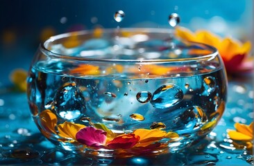clear water filled in a clear glass with a flower - obrazy, fototapety, plakaty