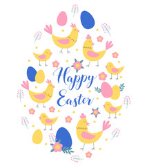 Easter card  with flowers,  eggs and chickens in egg- shape  . Easter holiday symbols, border, greeting card. Vector illustration.	