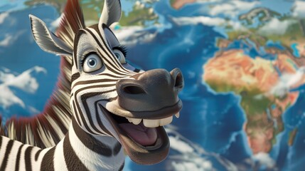 Cartoon cheerful zebra on world map background