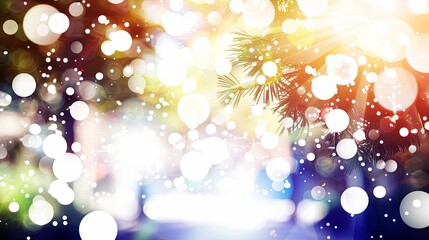 Festive Holiday Bokeh Lights with Bright Sunflare and Pine Branch Overlays