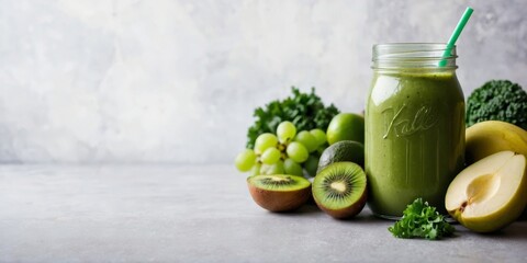 organic green smoothie of green fruits and vegetables on gray background, vegetarian drink
