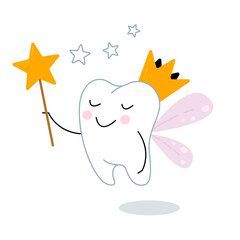 Cute tooth fairy with magic wand and crown vector illustration