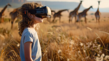 A child wearing virtual reality goggles is in the African savannah in front of wild animals, BP
