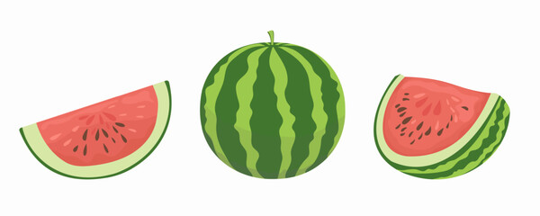 Watermelon. Cartoon fresh green watermelon, slices and triangles. Set of vector fruit sliced ​​watermelon. Vector illustration of nature freshness of watermelon.