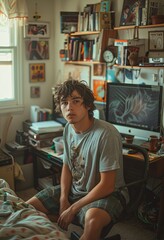Casual Teenager with Curly Hair Sitting on Bed in a Room Filled with Eclectic Memorabilia