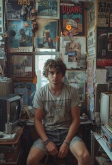 Curly-Haired Teen Reflecting in a Vintage-Inspired Bedroom Adorned with Posters and Old Tech