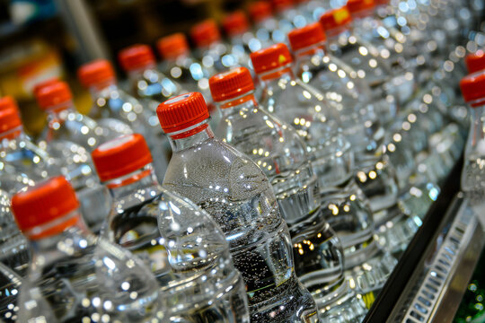 gros plan sur des bouteilles en plastique d'eau min&eacute;rale sur une chaine de production