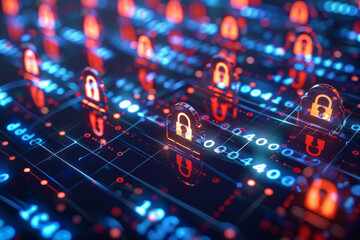 concept de cybersécurité, symbole de cadenas représentant la protection des données numérique sur fond carte électronique de type circuit imprimé illuminé - obrazy, fototapety, plakaty