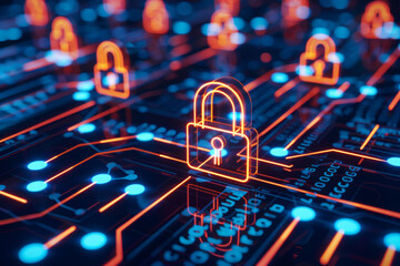 concept de cybersécurité, symbole de cadenas représentant la protection des données numérique sur fond carte électronique de type circuit imprimé illuminé - obrazy, fototapety, plakaty