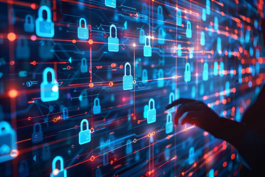 concept de cybers&eacute;curit&eacute;, symbole de cadenas repr&eacute;sentant la protection des donn&eacute;es num&eacute;rique sur fond carte &eacute;lectronique de type circuit imprim&eacute; illumin&eacute;
