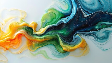 Colorful Fluid Art Pattern with Marbled Blue, Green, and Yellow Swirls